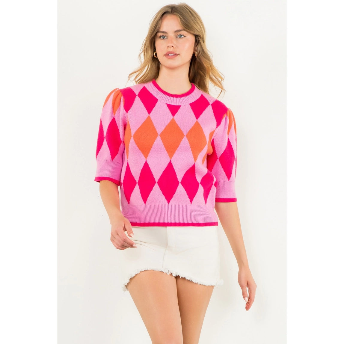 THML Short Sleeve Argyle Knit Top Pink