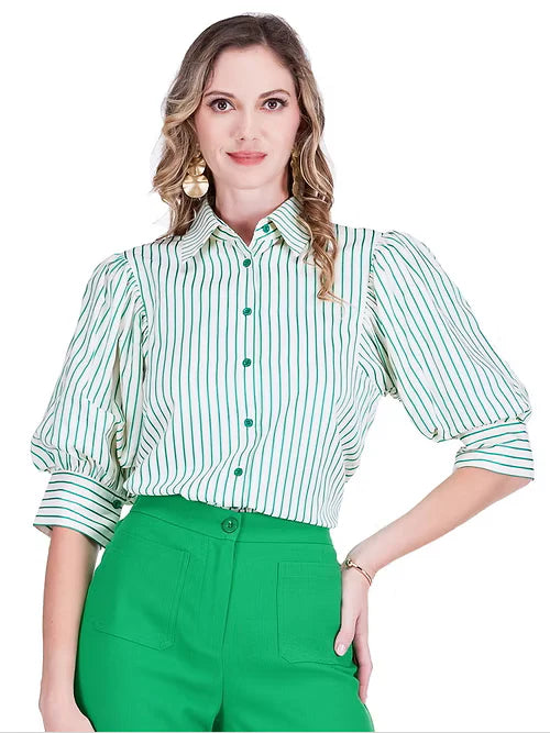 Jade Puff Sleeve Shirt Green Stripe