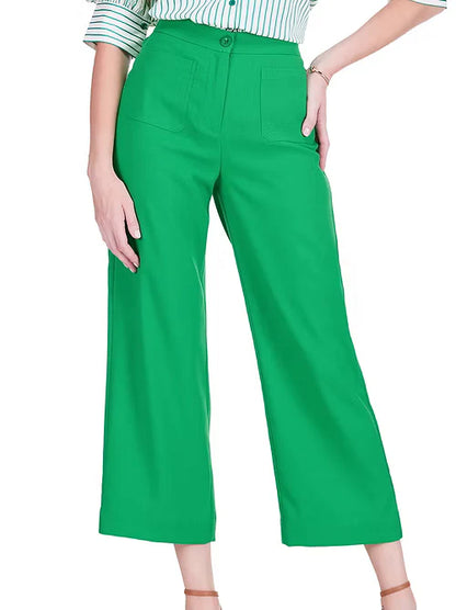 Jade Pocket Crop Pant in bright green, high-waist wide-leg cropped trousers with front patch pockets, front view on model.