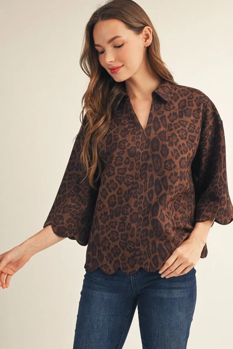 Mocha Leopard Scallop Hem Blouse