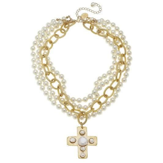 Susan Shaw Pearl Cross Multi-Strand Necklace