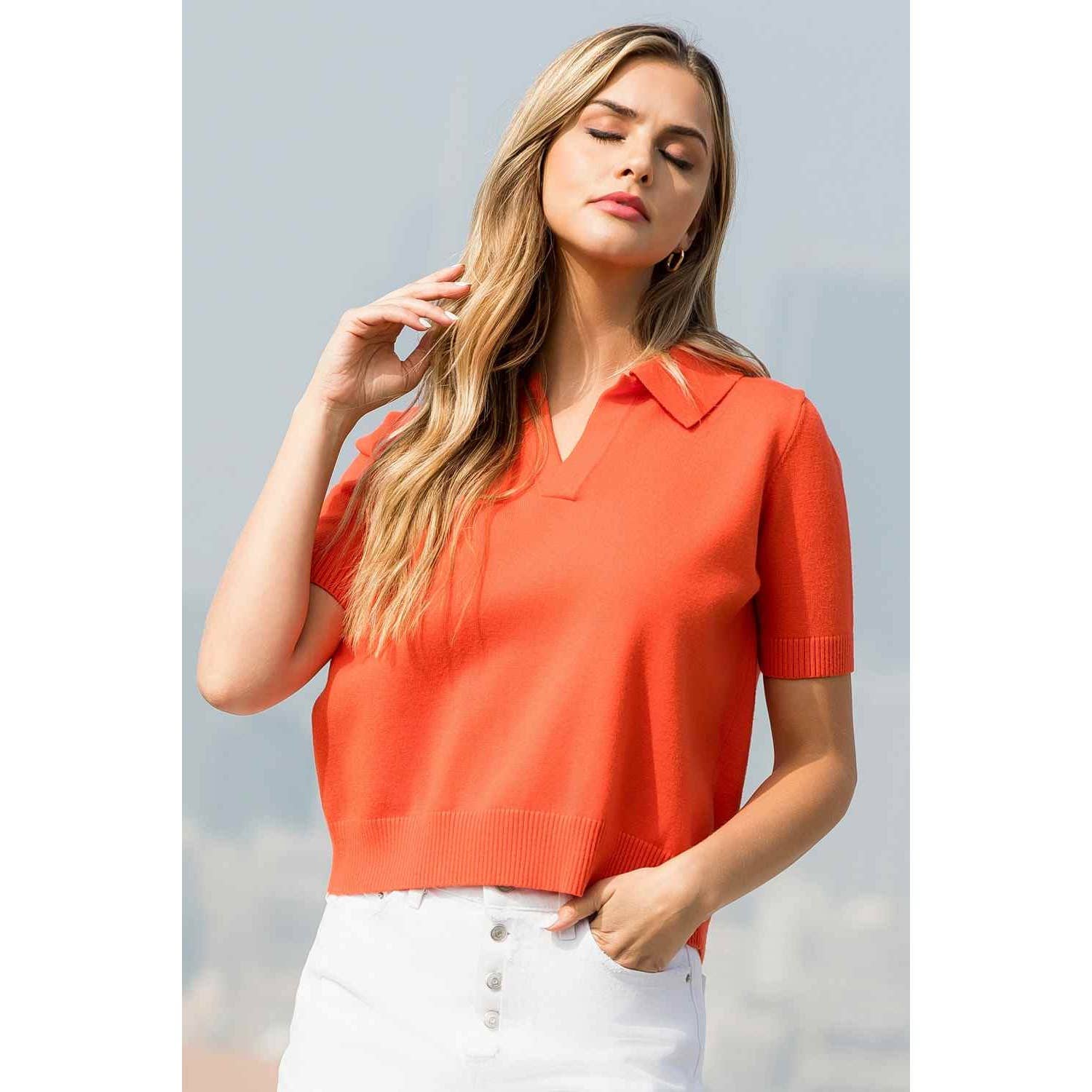 Short Sleeve Collared Top Orange