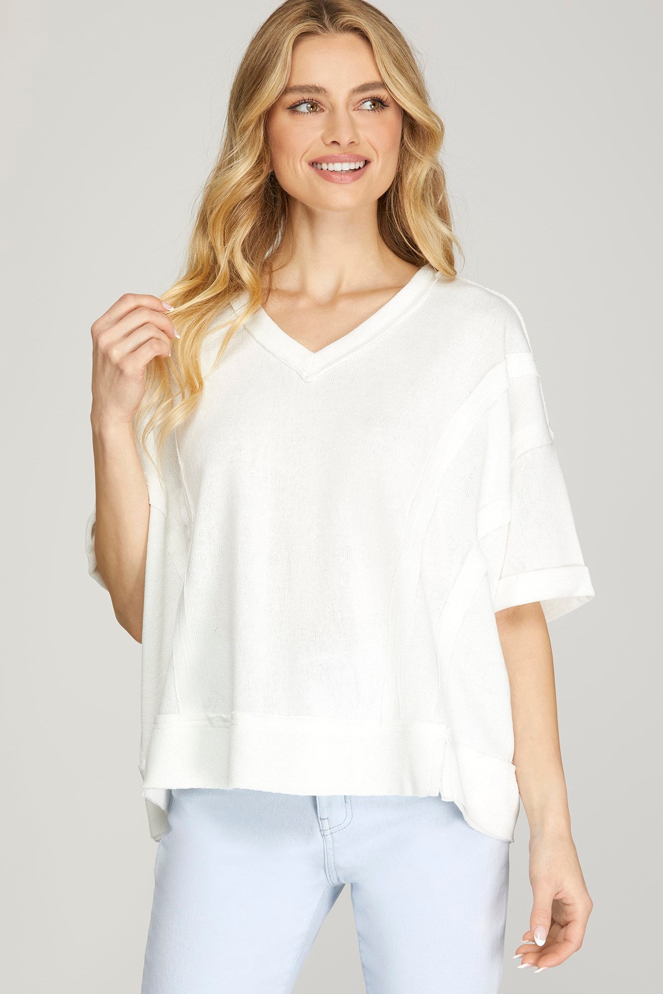 Short Sleeve V Neck Raw Edge Knit Top Off White