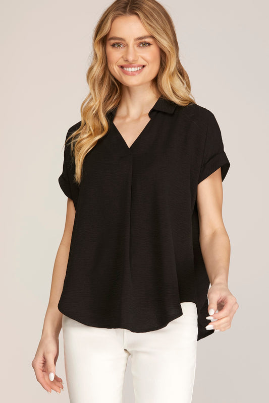Drop Shoulder Collared Woven Top Black