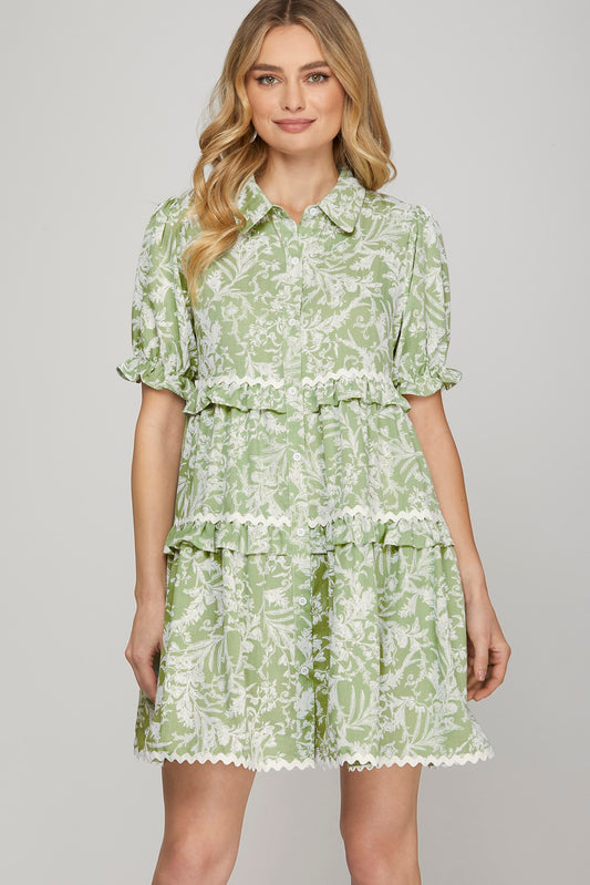 Puff Sleeve Button Down Tiered Dress