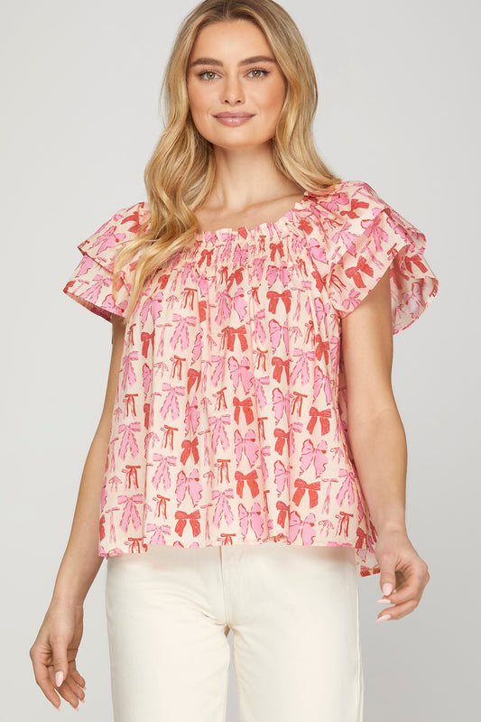 Ruffle Sleeve Bow Print Top Pink