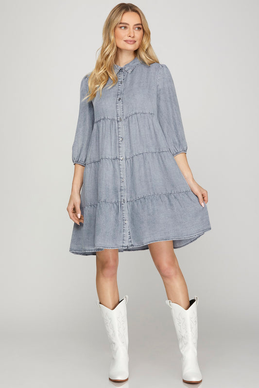 Chambray Tiered Button Down Dress Light Blue