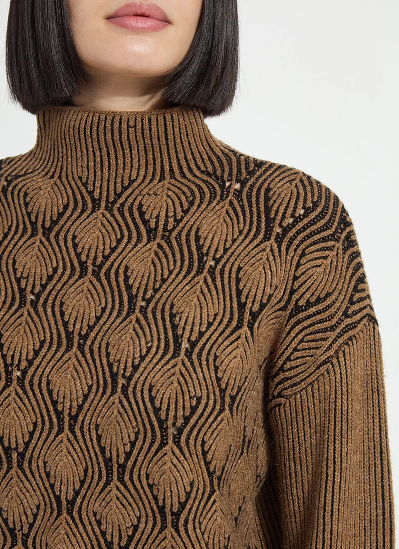Lysse Rhea Cozy Rib Scallop Edge Pullover Camel/ Black