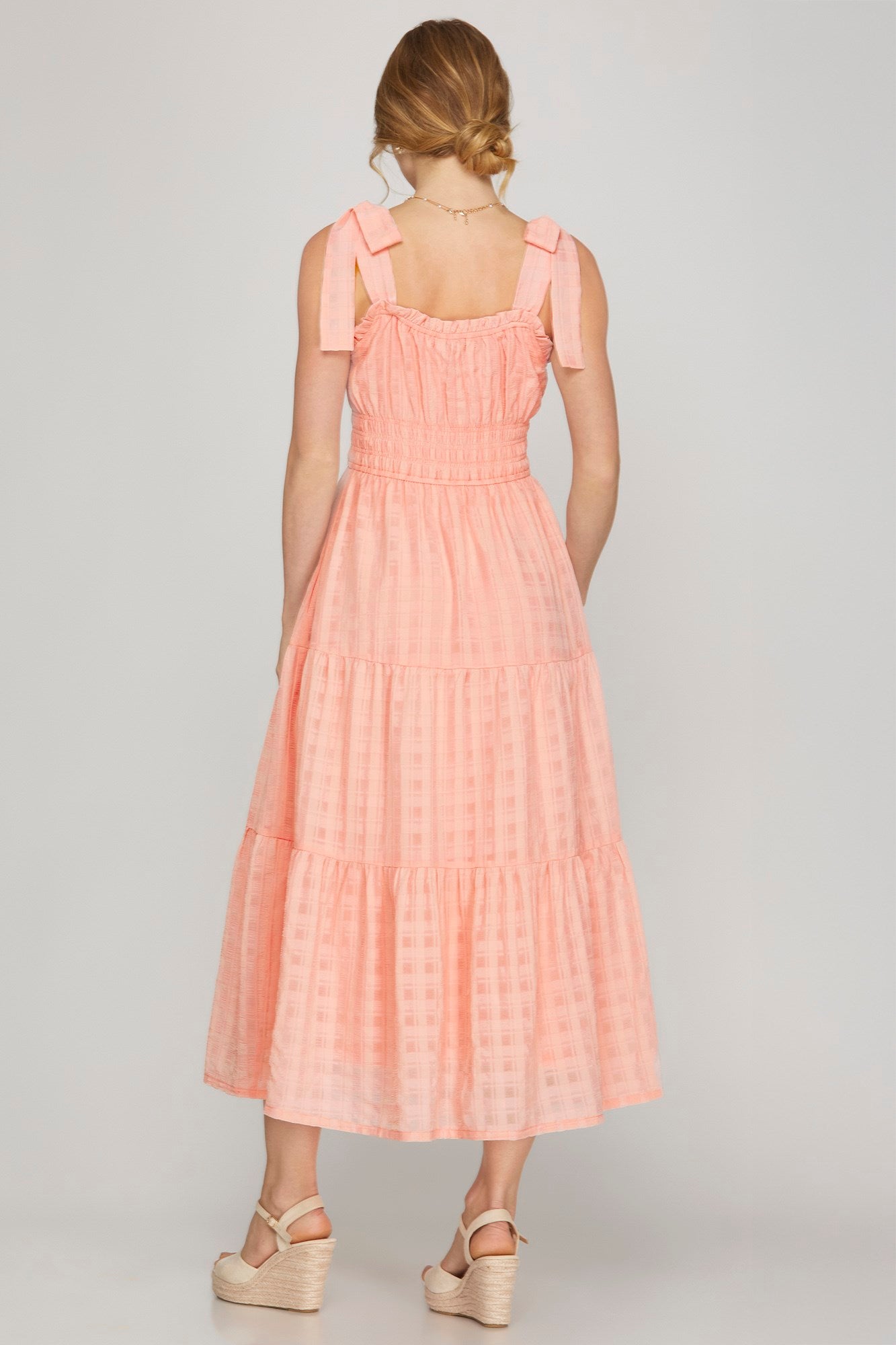 Textured Woven Midi Tiered Dress Light Pink