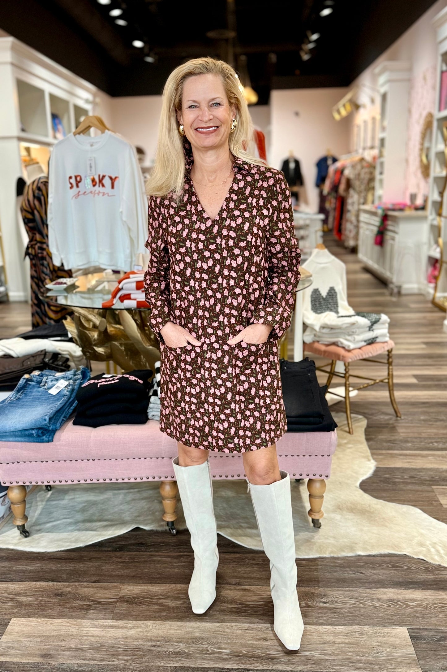 Joy Joy Split Neck Collar Dress Pink Petals