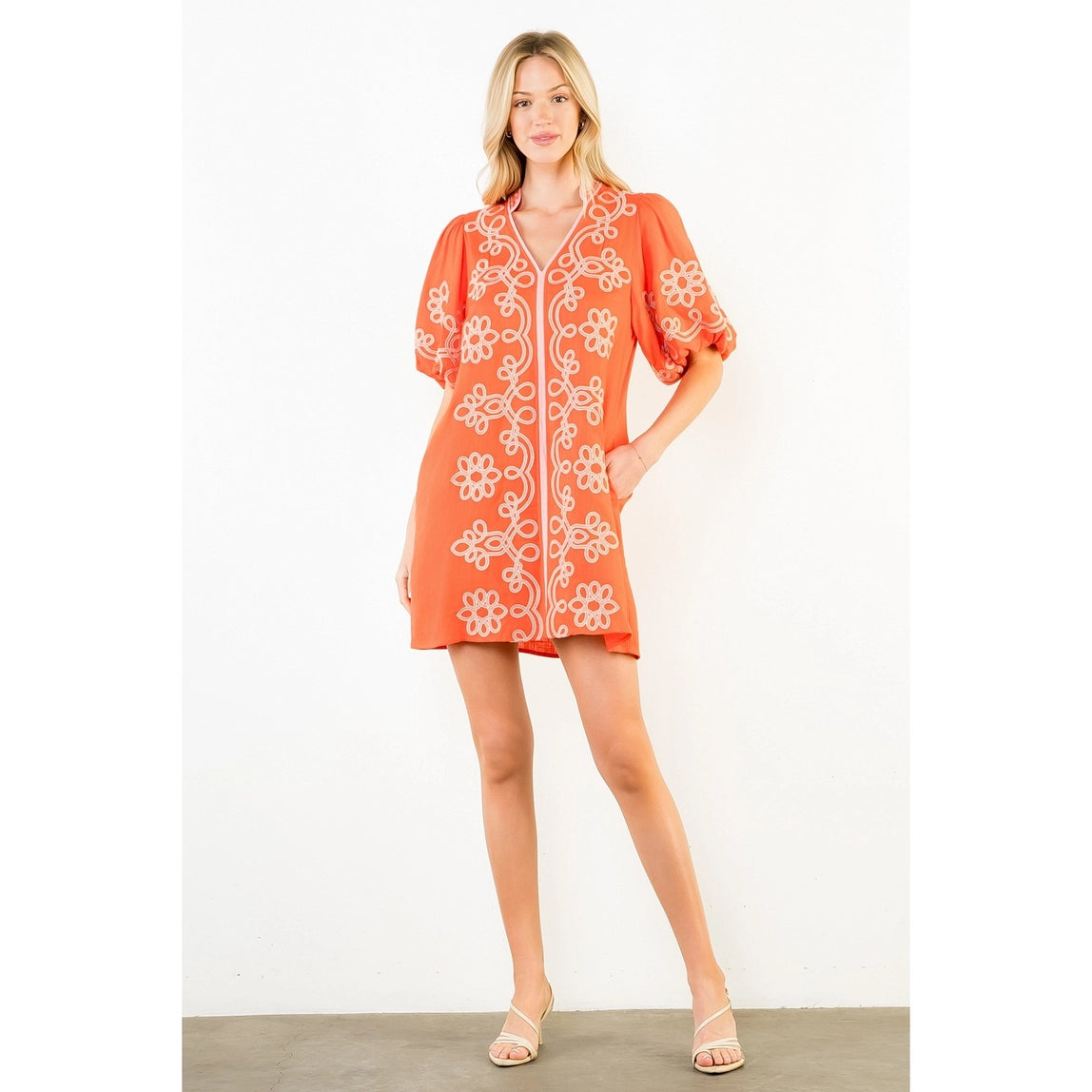 THML Embroidered Bubble Sleeve Dress Orange
