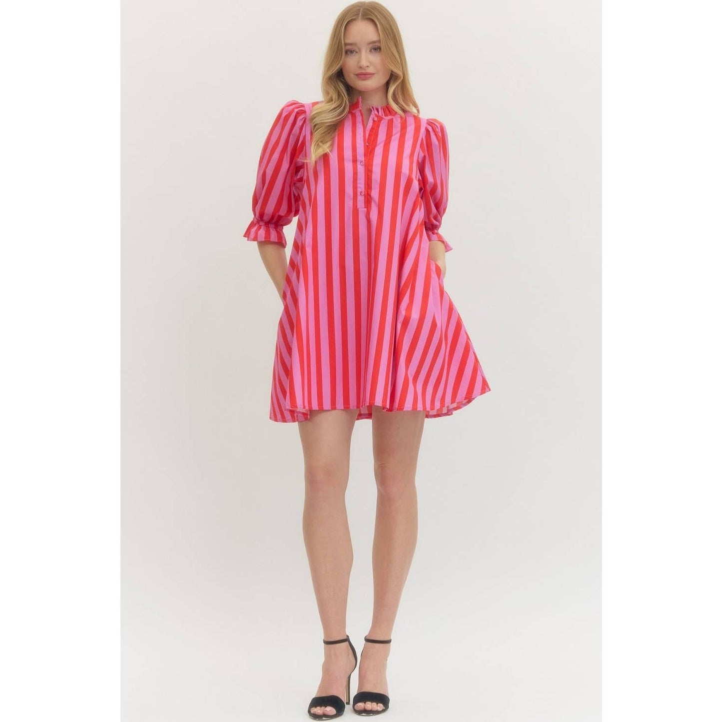 Striped puff sleeve mini dress: Pink