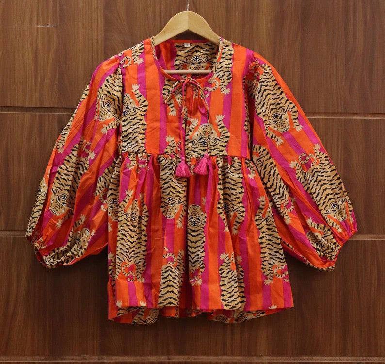 Orange Stripes Tiger Short Block Print Blouse