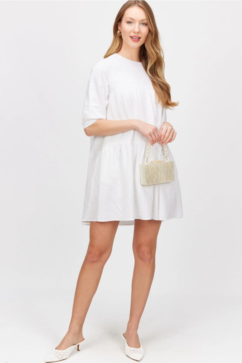 Floral Jacquard Puff Sleeve Tiered Mini Dress White