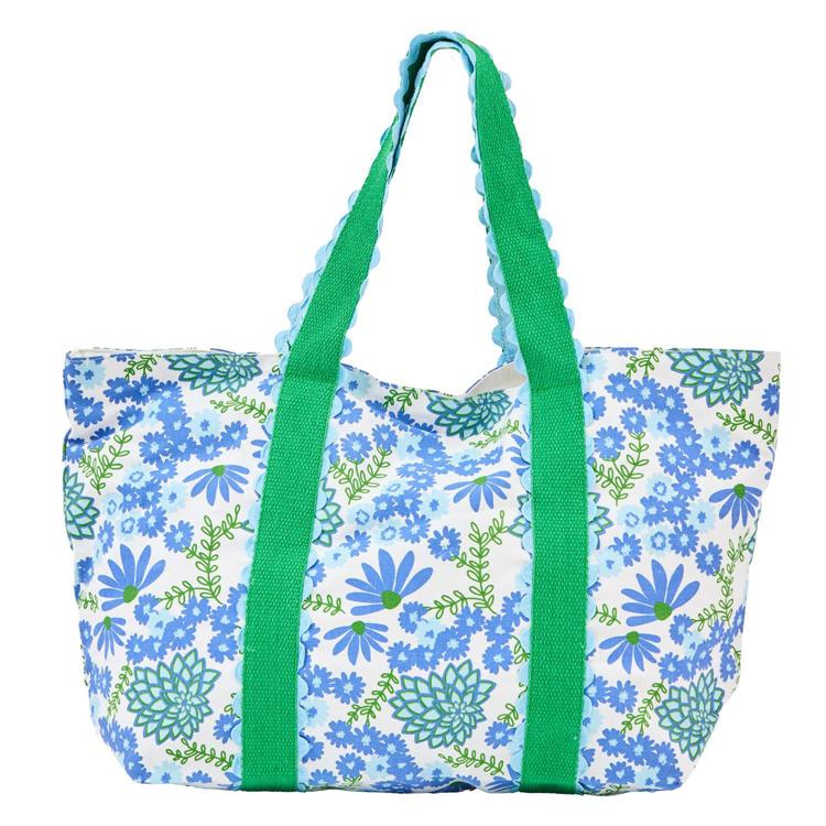 Mary Square Monaco large tote bag with blue floral print, green handles, and scalloped trim detailing.