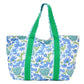 Mary Square Monaco large tote bag with blue floral print, green handles, and scalloped trim detailing.