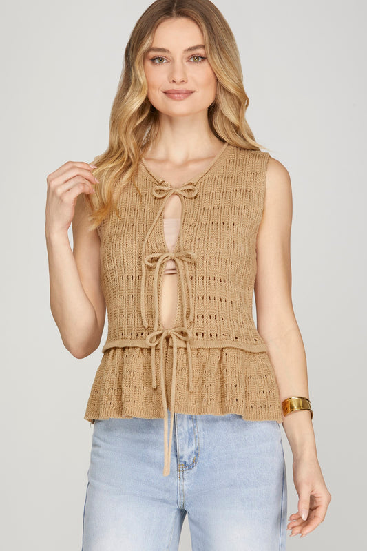 Sleeveless Front Tie Ruffled Hem Sweater Vest Taupe