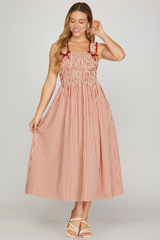 Sleeveless Woven Smocked Midi Red Striped