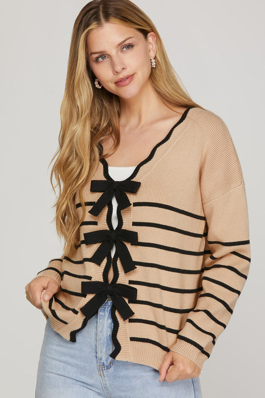 Striped Bow Detail Reversible Sweater Cardigan