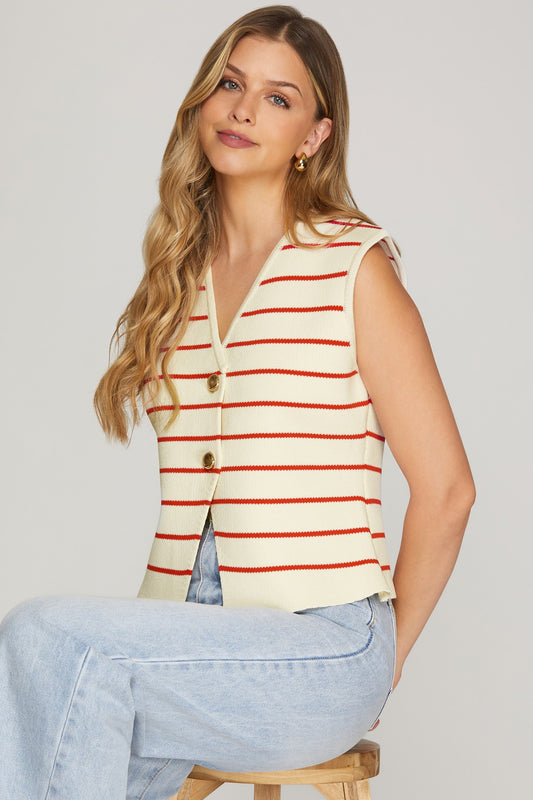 Sleeveless Gold Button Striped Knit Sweater Vest