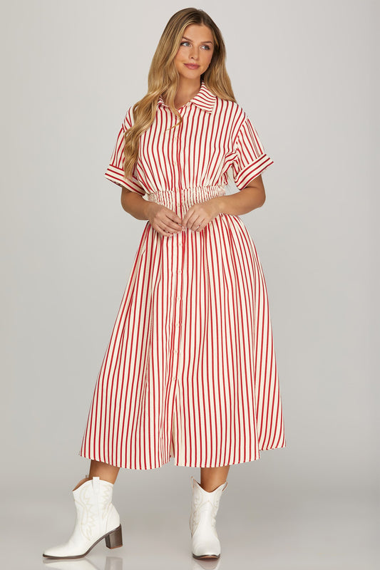 Striped Woven Midi Shirt Dress Red