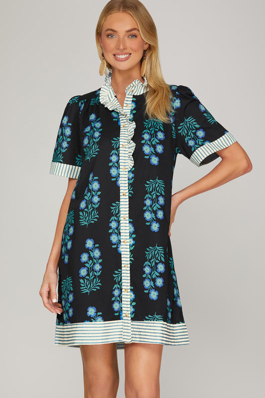 Ruffled Neck Button Down Mini Dress