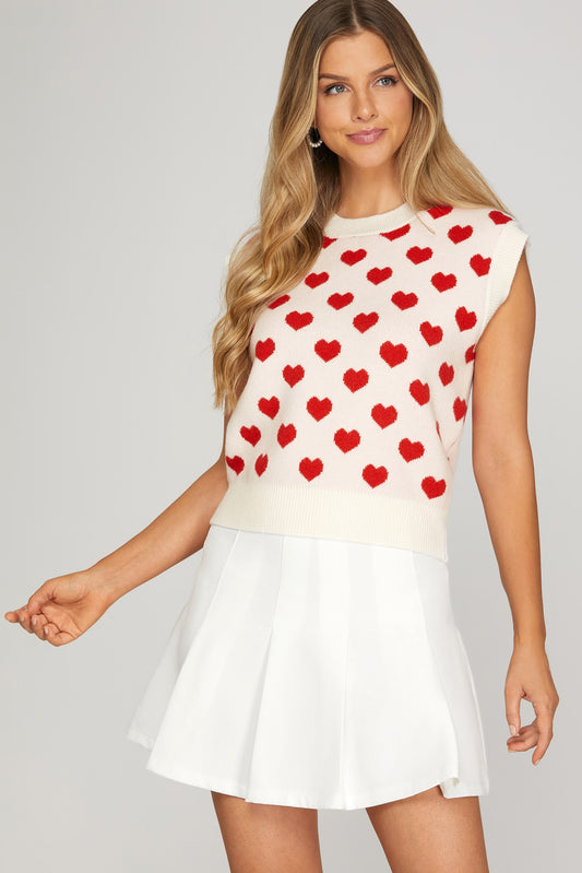 Sleeveless Round Neck Heart Pattern Sweater Top