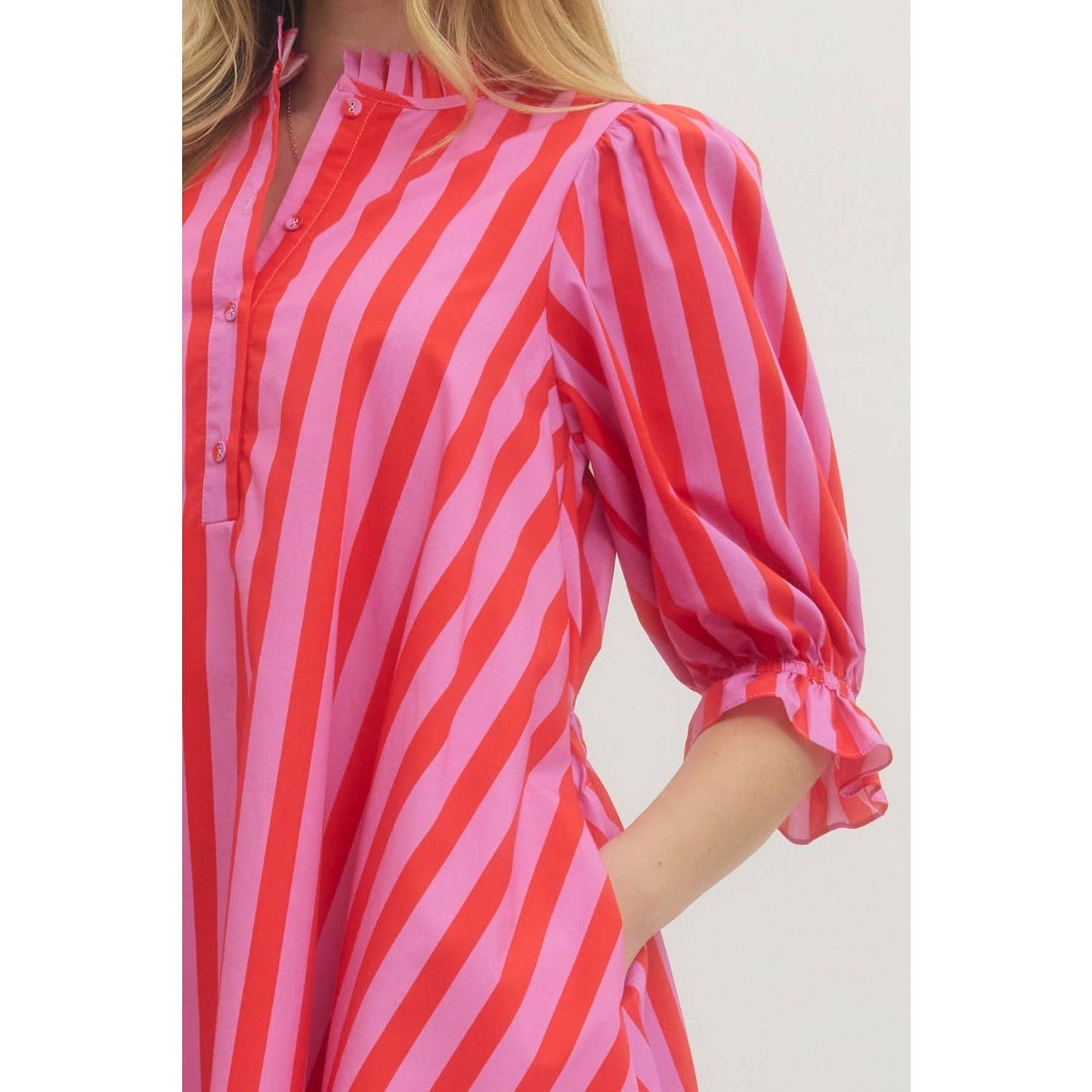 Striped puff sleeve mini dress: Pink
