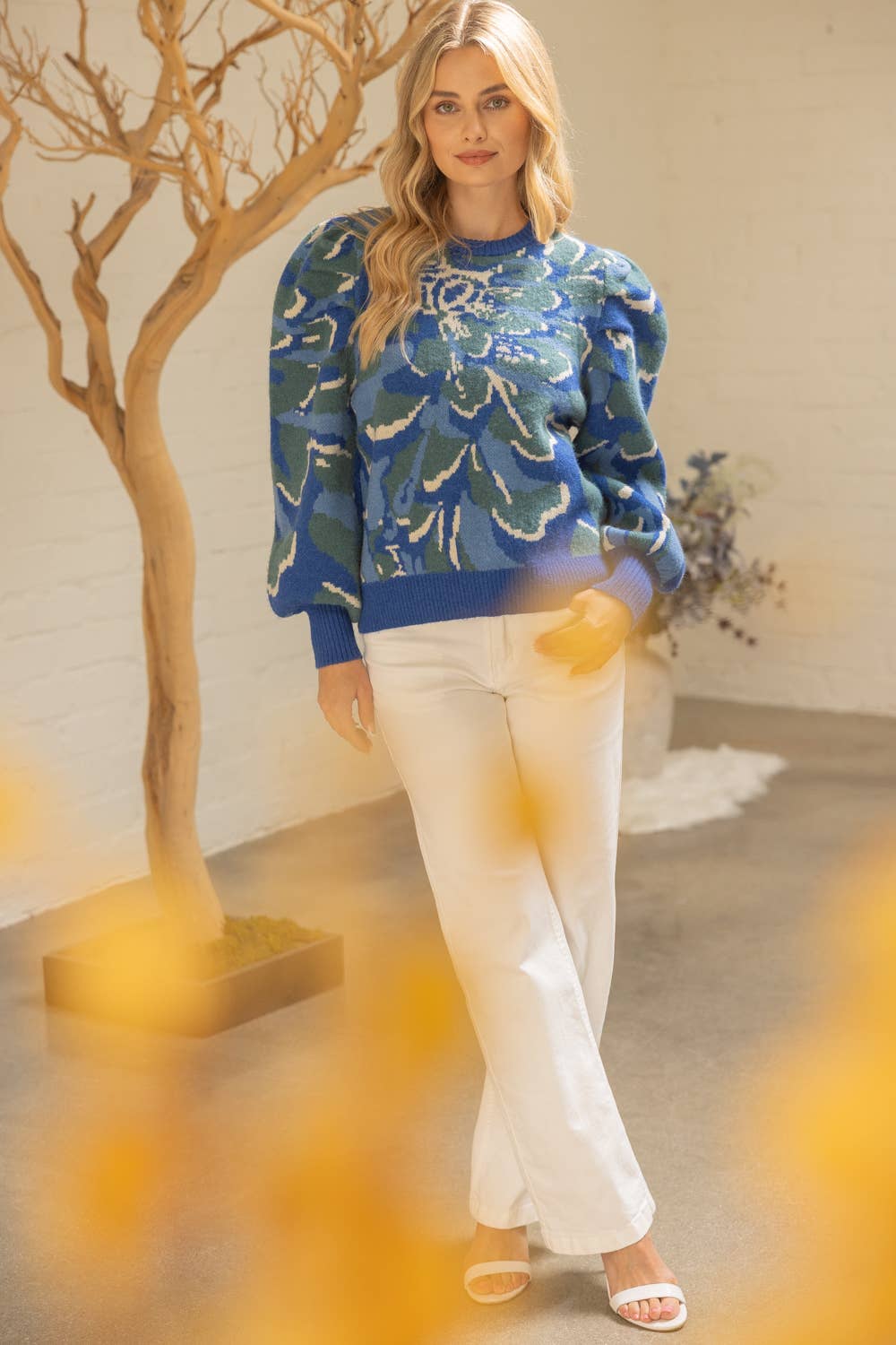 Pleated Long Puff Sleeve Floral Print Sweater Top Blue