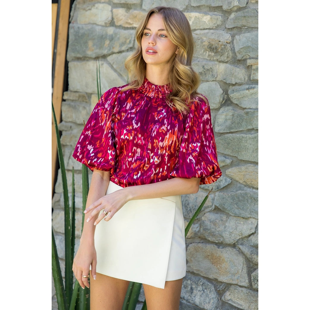 THML Puff Sleeve Print Top Burgundy