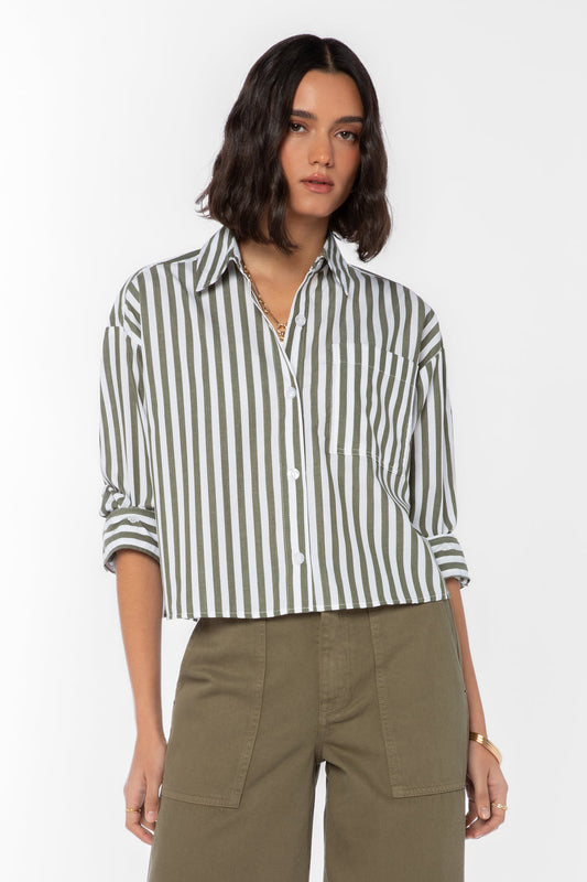 Renuar Striped Cotton Blouse Olive