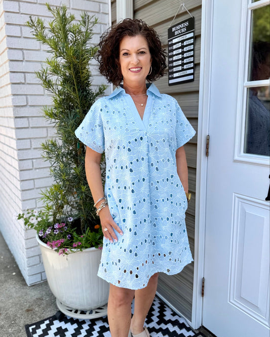 THML Short Sleeve Floral Eyelet Embroidery Dress