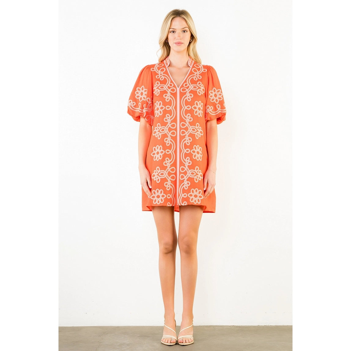 THML Embroidered Bubble Sleeve Dress Orange