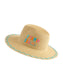 Shiraleah Vitamin Sea Sun Hat – natural straw fedora with teal zigzag brim trim and colorful embroidered beach slogan, angled view.
