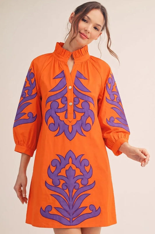 Floral Applique Shift Dress Orange and Purple