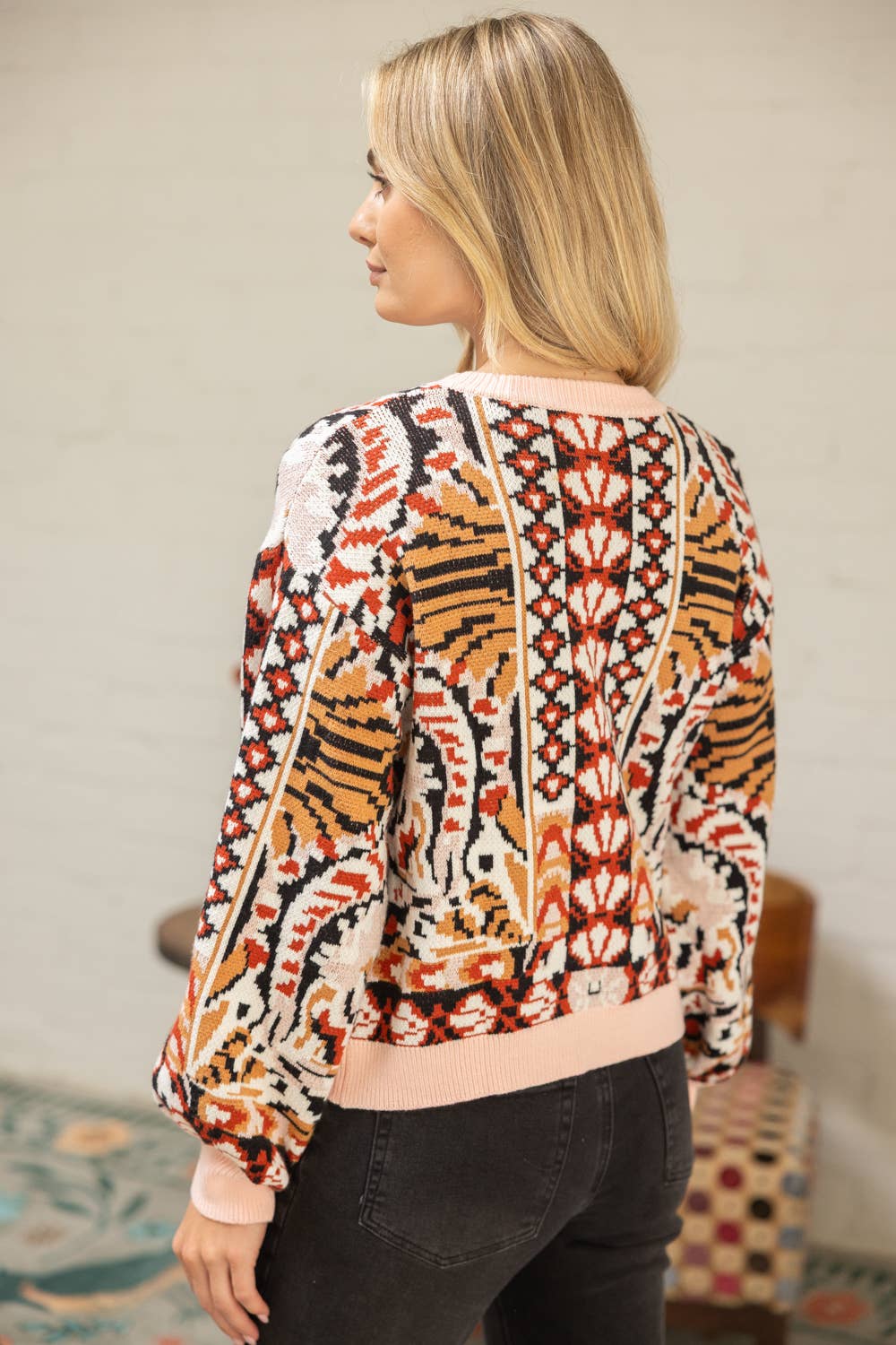Solid Ribbed Detail Printed Sweater Top Multi