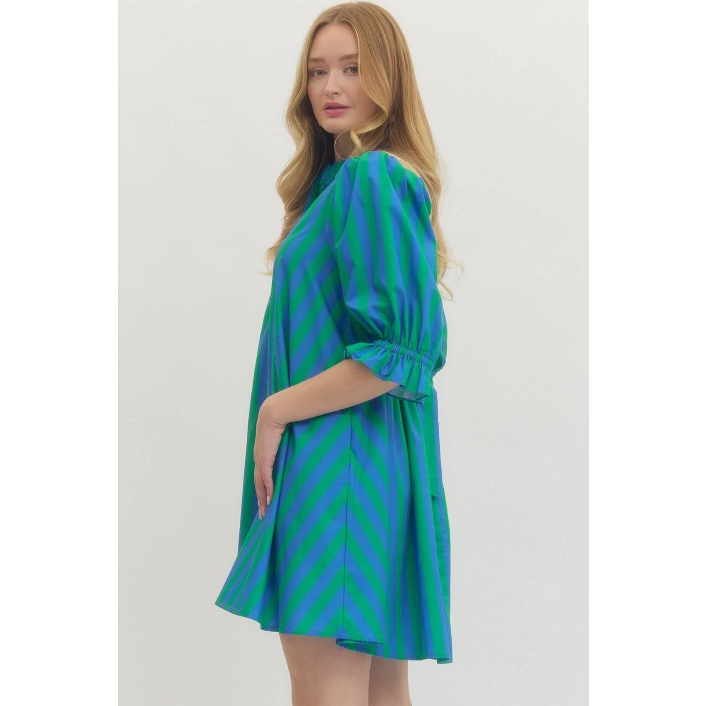 Striped puff sleeve mini dress: Green