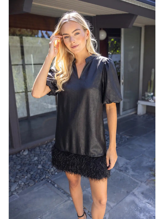 The Metallic Feather Fringe Faux Leather Dress Black