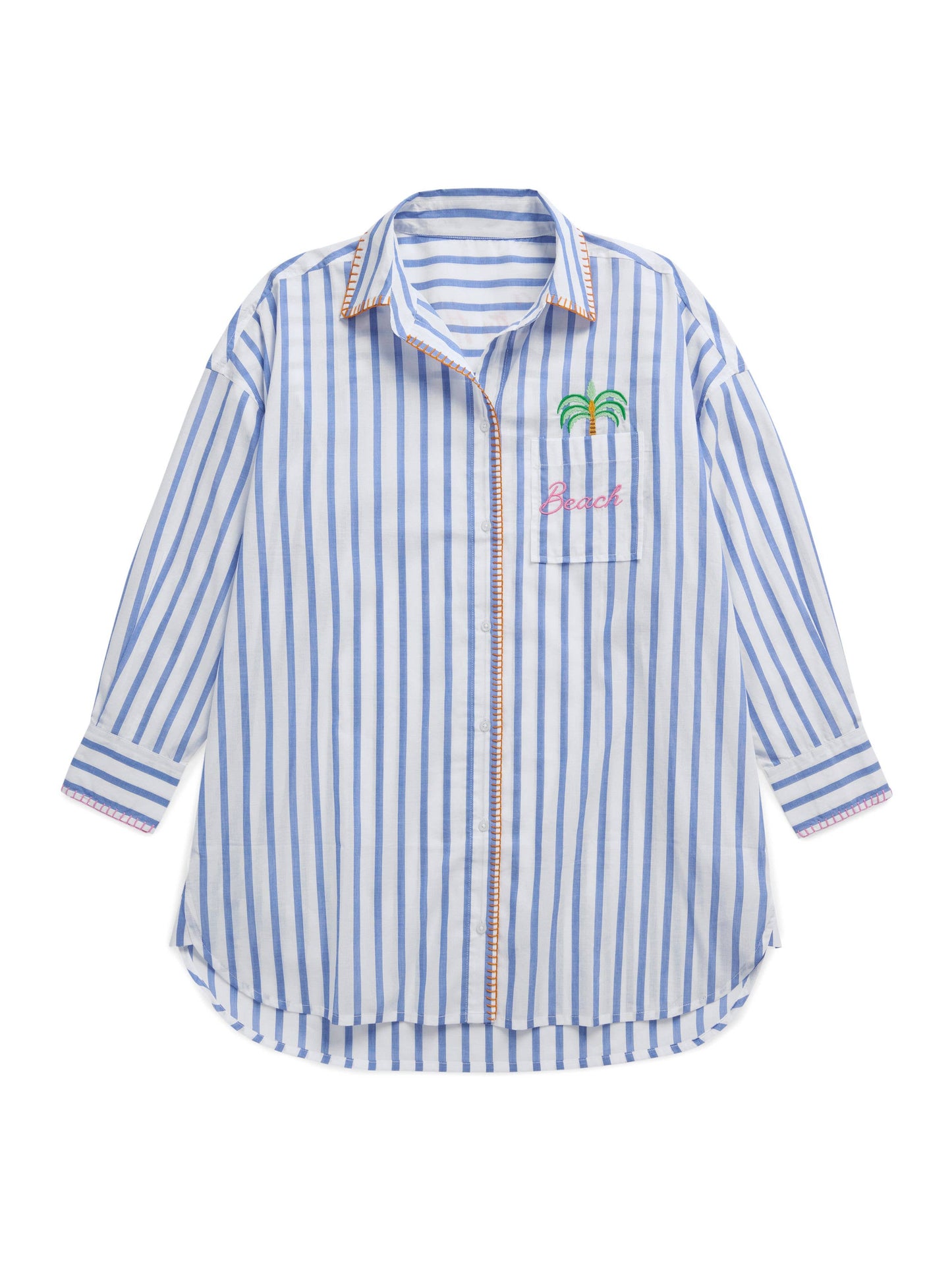 Shiraleah Beach Cover-Up Shirt flat lay, blue and white vertical stripes, embroidered palm trees and 'Beach' on chest pocket.