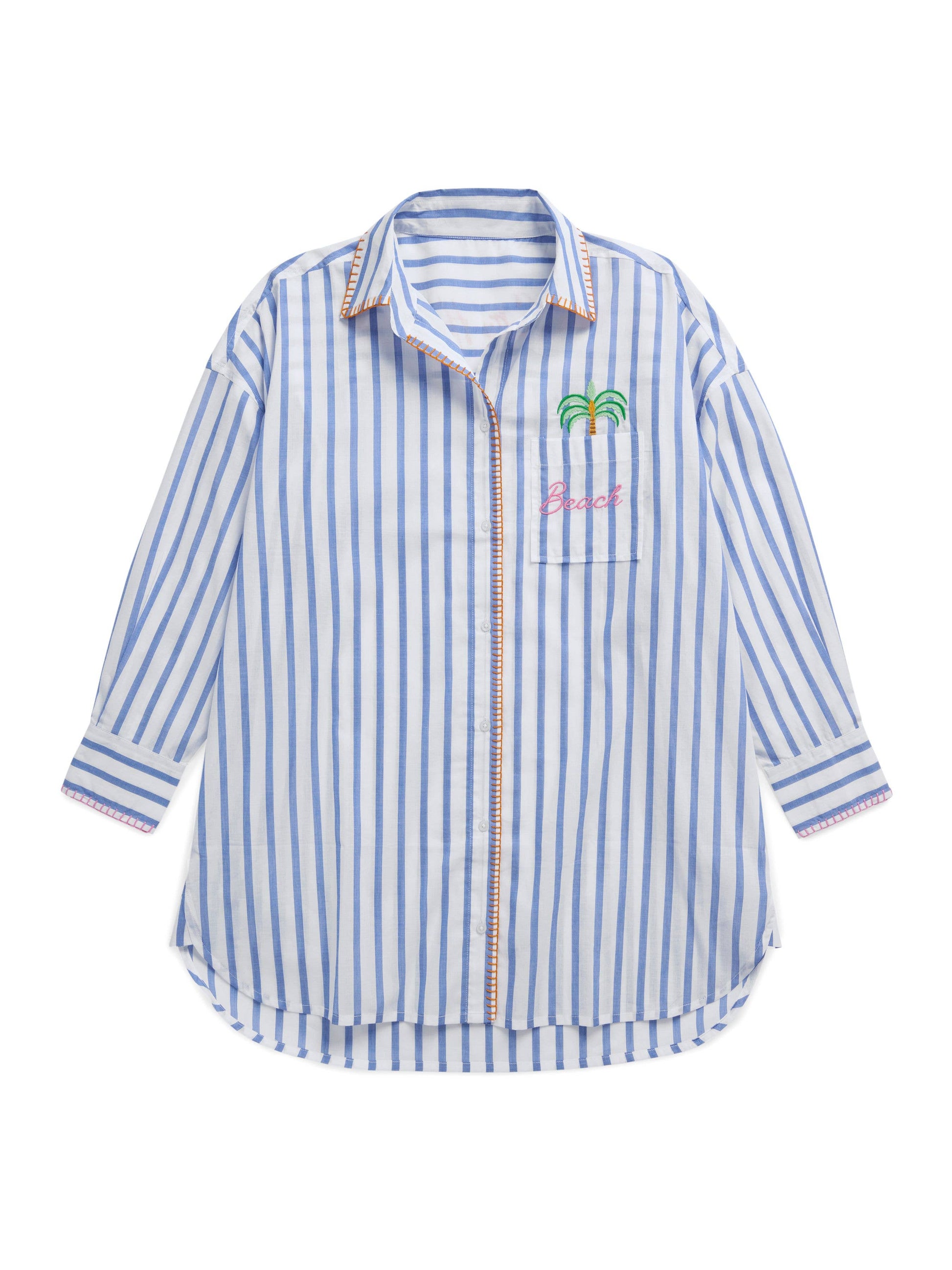 Shiraleah Beach Cover-Up Shirt flat lay, blue and white vertical stripes, embroidered palm trees and 'Beach' on chest pocket.