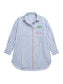 Shiraleah Beach Cover-Up Shirt flat lay, blue and white vertical stripes, embroidered palm trees and 'Beach' on chest pocket.