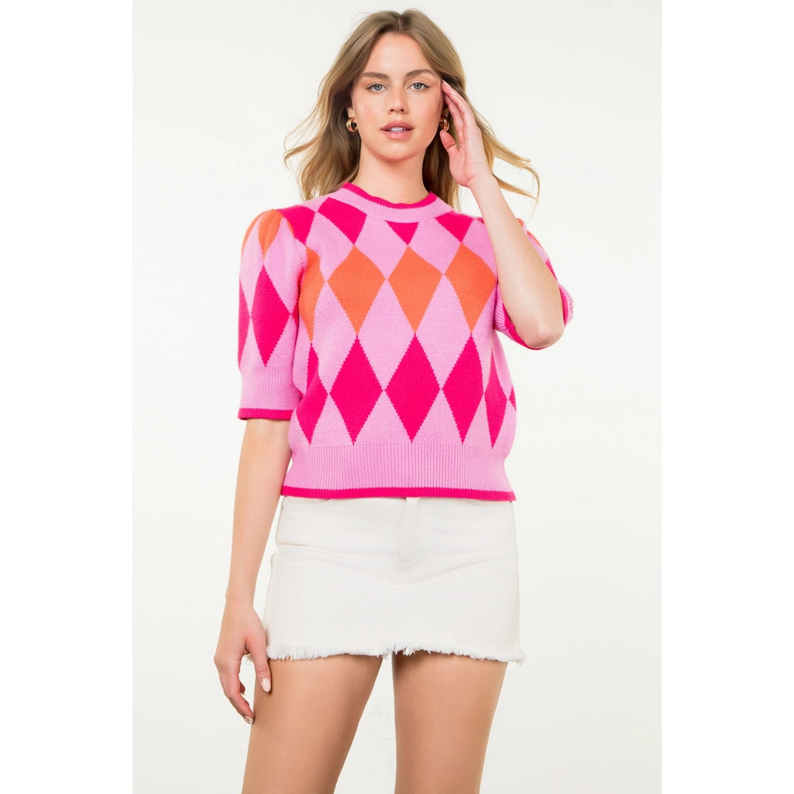 THML Short Sleeve Argyle Knit Top Pink