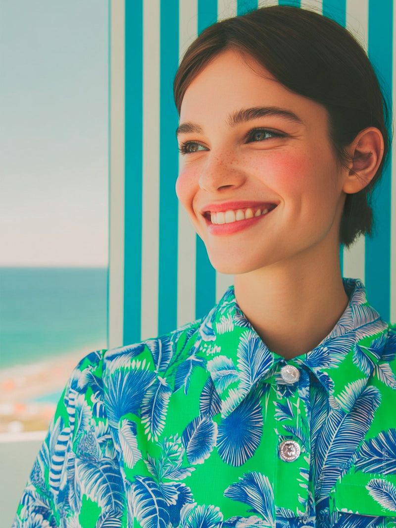 Vilagallo Blue and Green Leaf Print Shirt Dress