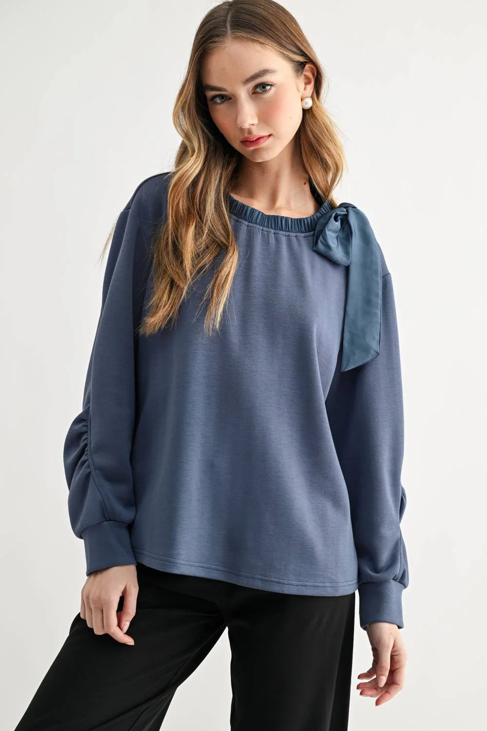 Joh Apparel Karl Bow-Tie Shoulder Top Denim Blue