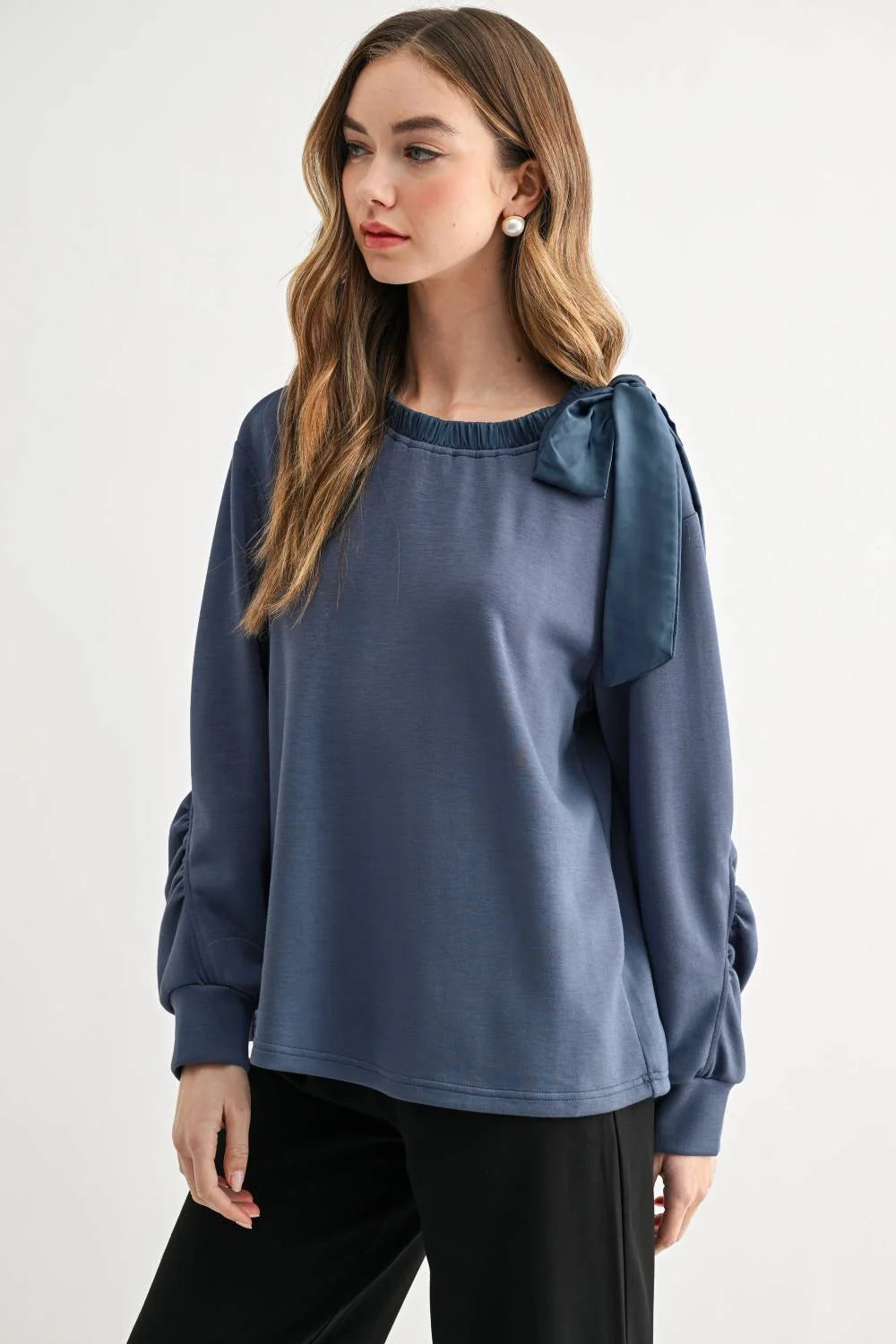 Joh Apparel Karl Bow-Tie Shoulder Top Denim Blue