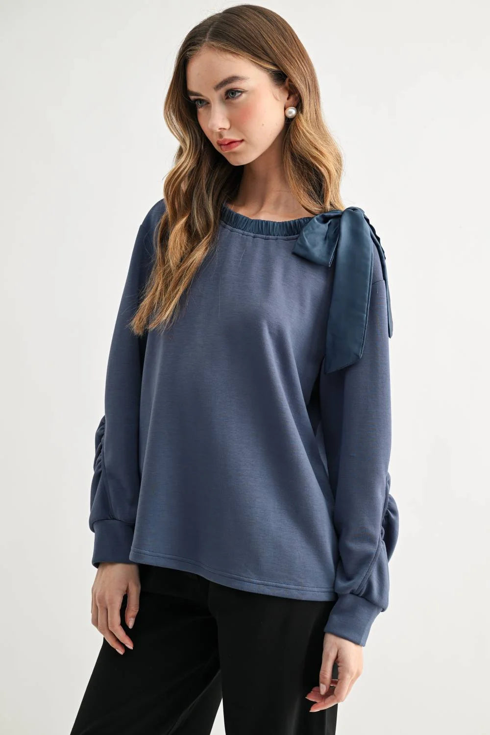 Joh Apparel Karl Bow-Tie Shoulder Top Denim Blue