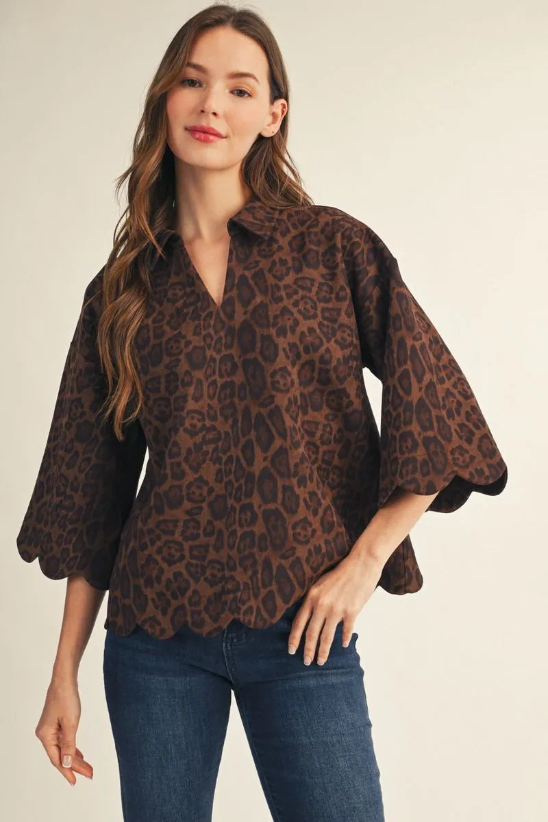 Mocha Leopard Scallop Hem Blouse