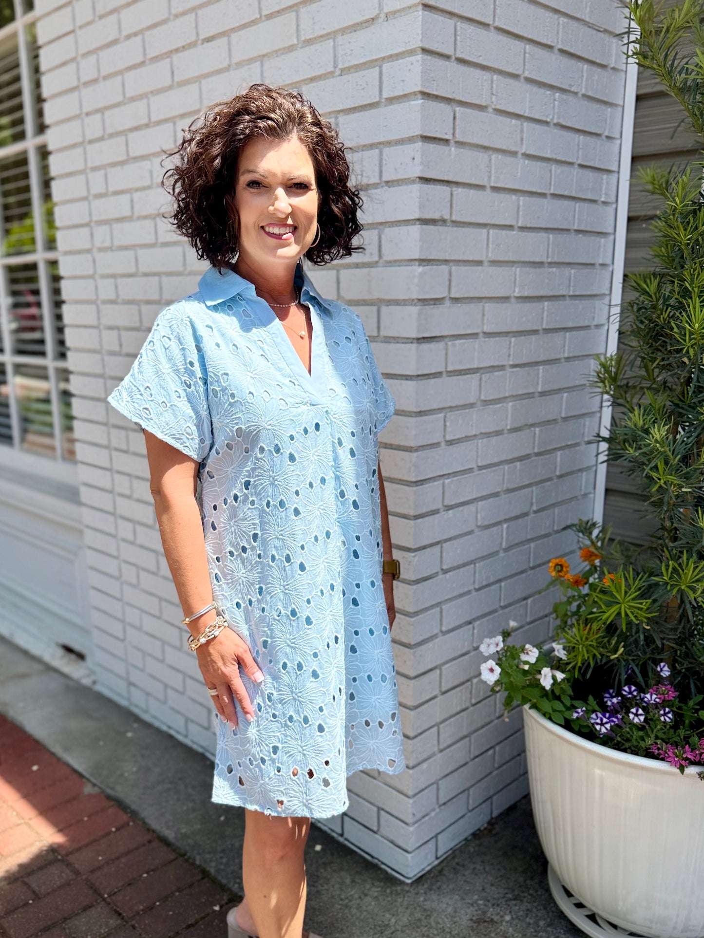 THML Short Sleeve Floral Eyelet Embroidery Dress