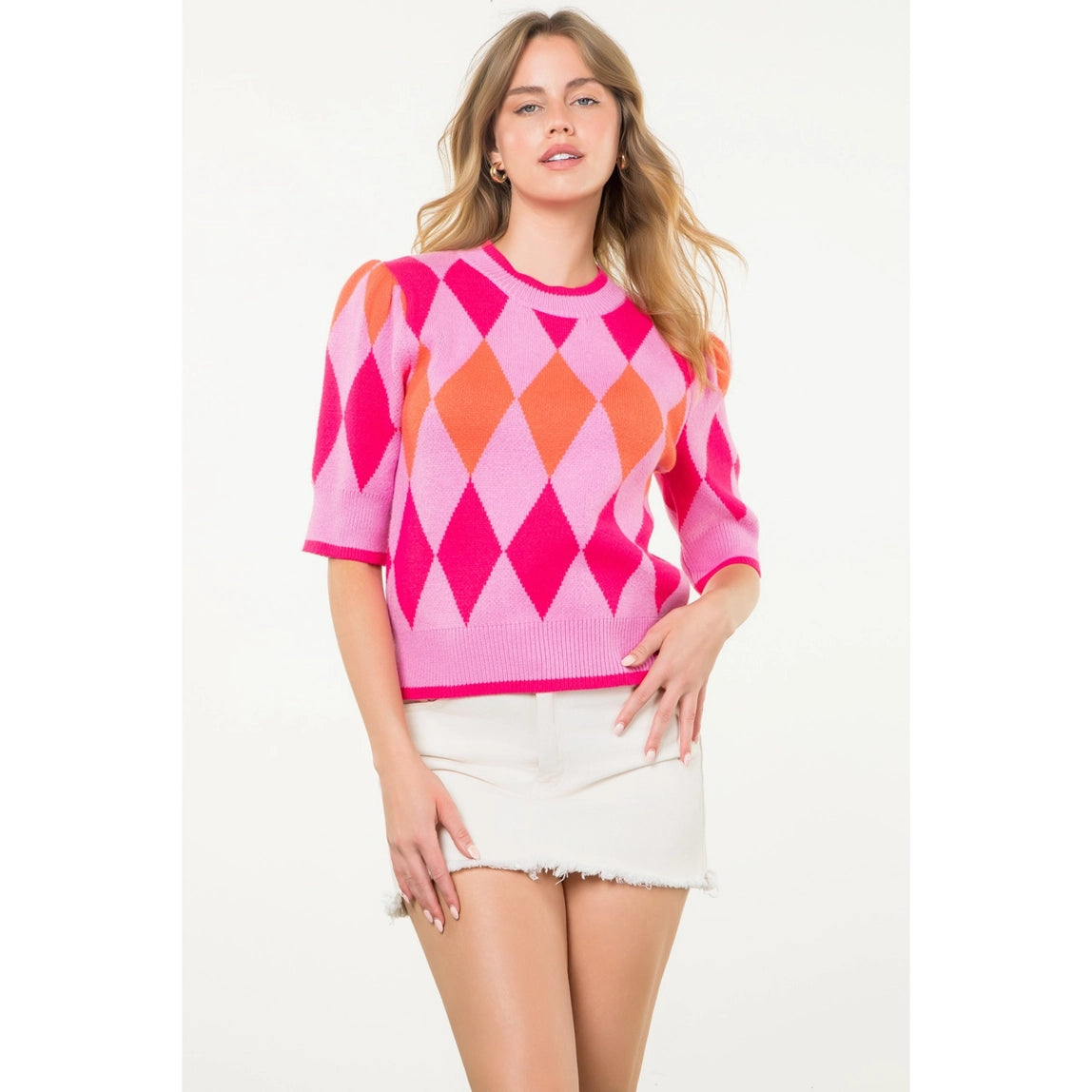 THML Short Sleeve Argyle Knit Top Pink