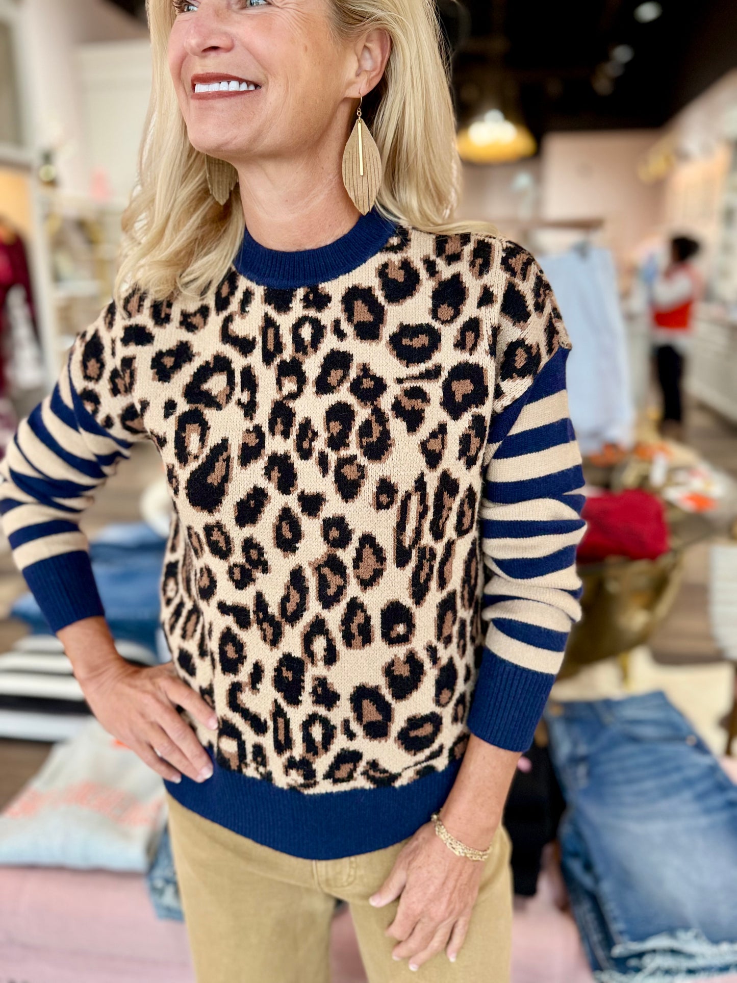 Charlie B Sweater Striped/Leopard